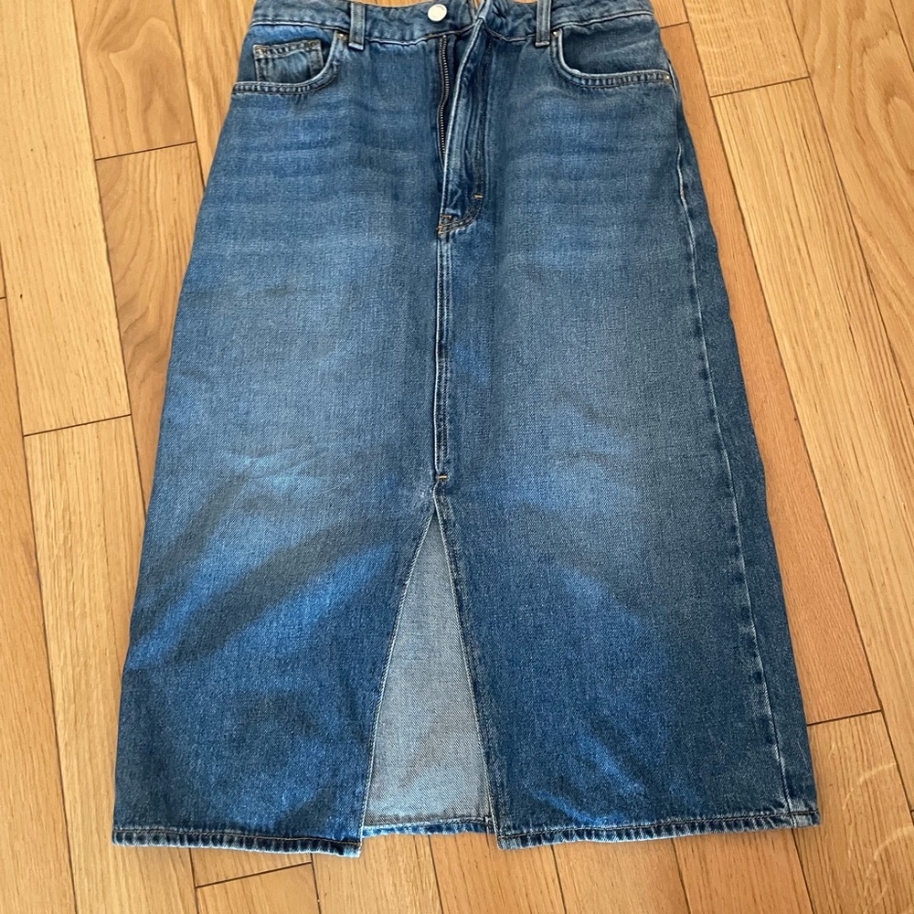 Denim Midi Skirt with Front Slit FLAWED